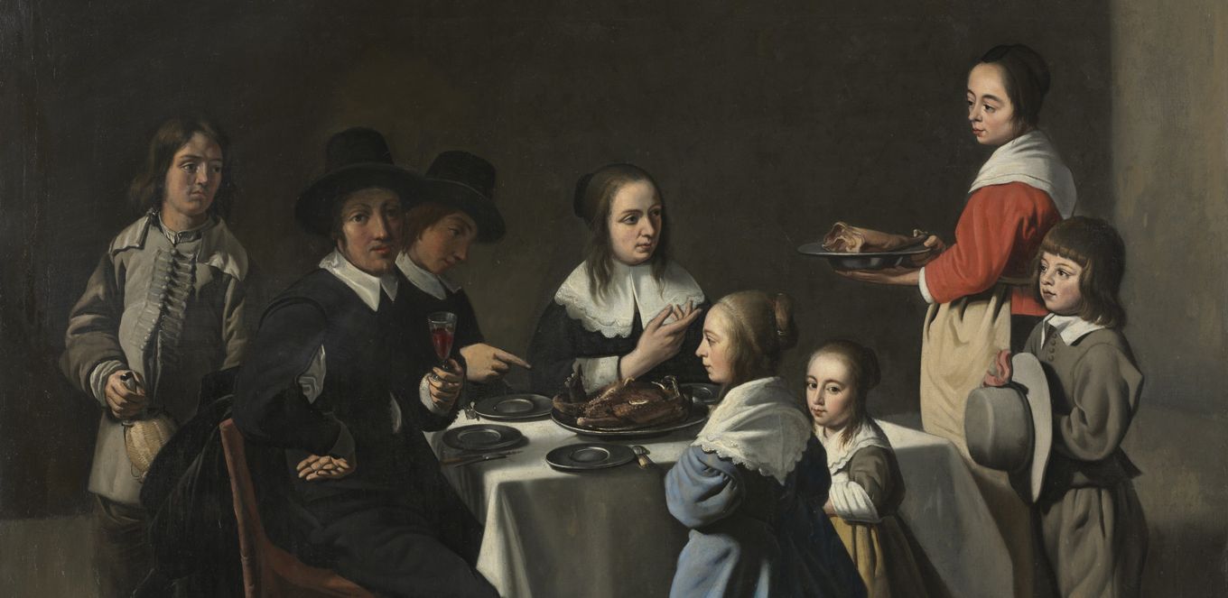 Le Nain family, A Family Meal, c. 1645–55: the head of the house presides at the table while a servant brings the platter
