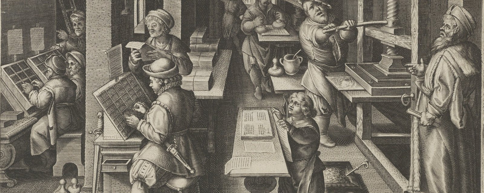 Engraving of a sixteenth-century printing shop: compositors set type from wooden type cases on the left while a pressman pulls the press on the right and a boy checks fresh proofs